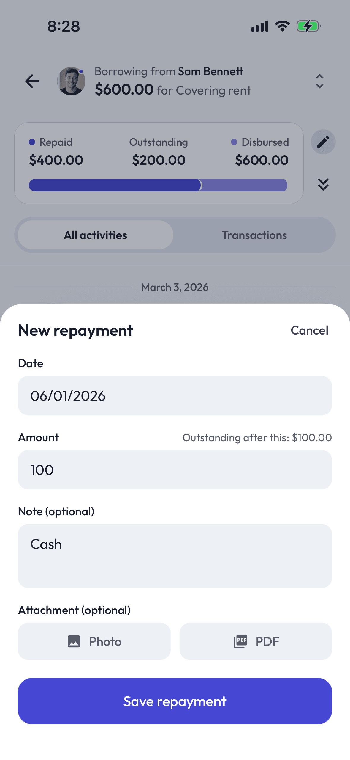 Recording a repayment